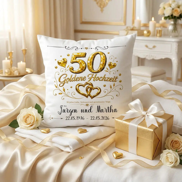 Hochwertiges Kissen zur Goldenen Hochzeit mit Namen als persönliches Jubiläumsgeschenk