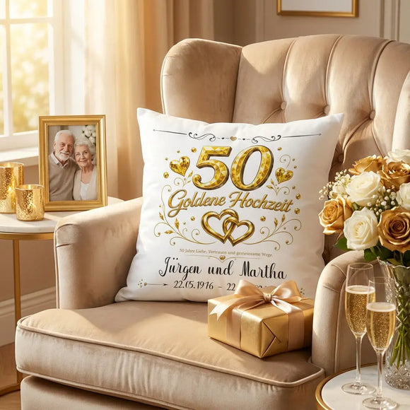 Personalisierter Kissenbezug Goldene Hochzeit mit goldenen Herzen und Eheringen