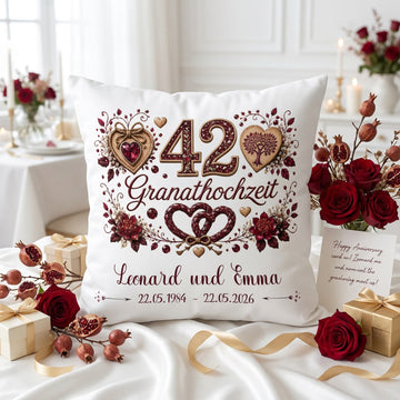 Geschenk Granathochzeit – personalisiertes Kissen mit Namen und Datum zum 42. Hochzeitstag