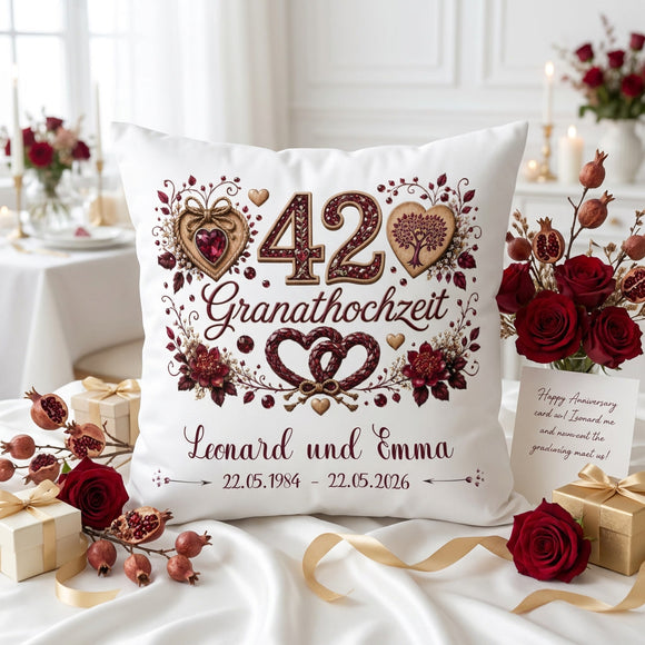 Geschenk Granathochzeit – personalisiertes Kissen mit Namen und Datum zum 42. Hochzeitstag