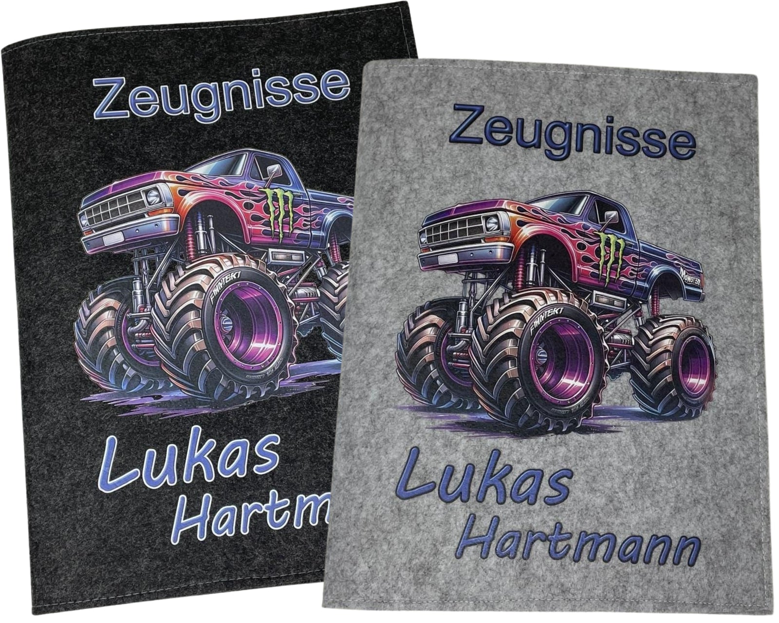 Zeugnismappe mit Namen - Mädchen und Jungen - Personalisiert Filz A4 Monstertruck - Dokumenten Urkunden Mappe Kinder - Hefter Zeugnisse