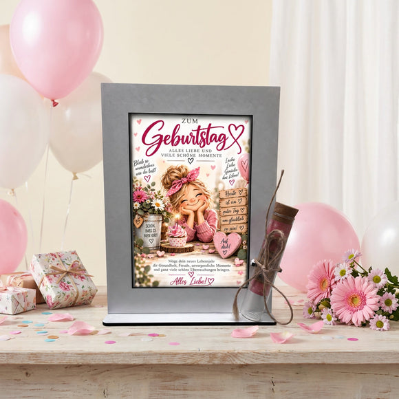 Geburtstagsgeschenk Mama mit Blumen und Botschaft Lache liebe genieße das Leben