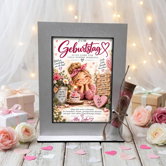 Geldgeschenk Geburtstag Frau mit Blumen, rosa Herz und Spruch Schön dass es dich gibt