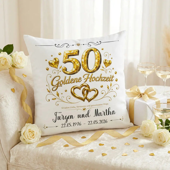 Geschenkidee Goldene Hochzeit mit personalisiertem Kissen und elegantem Golddesign