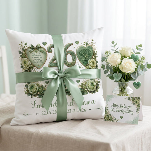 Geschenk 26. Hochzeitstag – personalisiertes Kissen zur Jadehochzeit mit Namen und Datum
