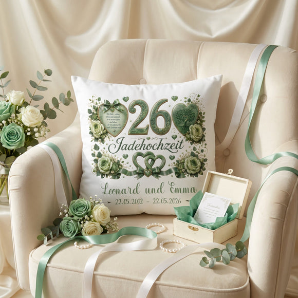 Personalisiertes Kissen zur Jadehochzeit mit grünen Herzen, Rosen und Lebensbaum