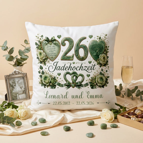 Geschenk Jadehochzeit – personalisiertes Kissen mit Namen und Datum zum 26. Hochzeitstag