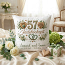 Jadehochzeit Kissen personalisiert mit großer 57 und jadegrünen Herzen
