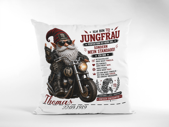 Geburtstagsgeschenk für Männer Sternzeichen Jungfrau – personalisiertes Kissen mit Motorrad Gnom und Namen