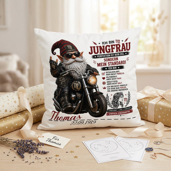 Geschenk Sternzeichen Jungfrau – personalisiertes Kissen für Männer mit Biker Gnom, Motorrad, Name und Geburtsdatum