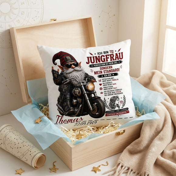 Personalisiertes Geschenk für Jungfrau Geborene – Männer Kissen mit Motorrad Motiv, Name und Geburtsdatum