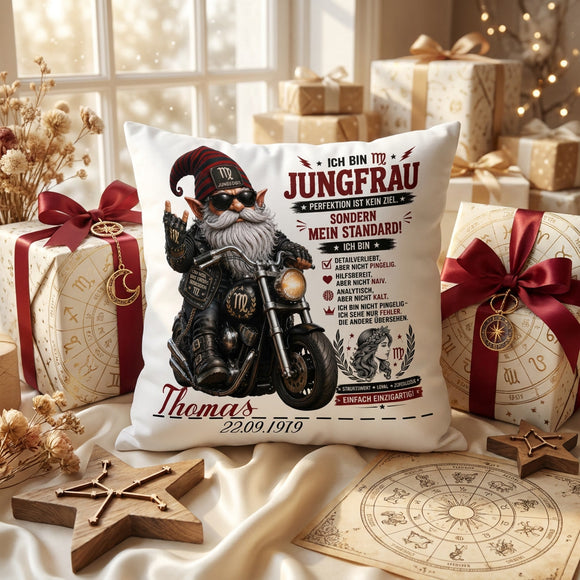 Geschenk Sternzeichen Jungfrau Mann – individuelles 40 x 40 cm Kissen mit Biker Motiv und Personalisierung