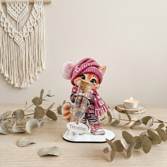 Geschenk Katzenliebhaberin mit Glasröhrchen Herzdetails und Wunschname