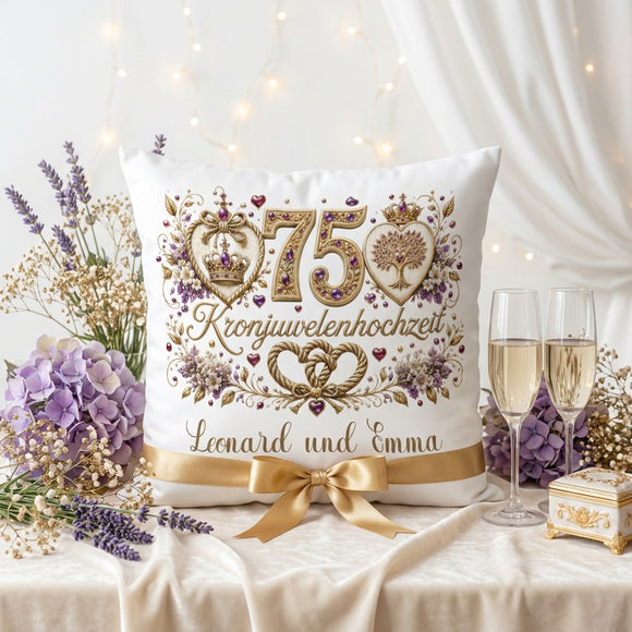 Kronjuwelenhochzeit Kissen personalisiert mit großer 75 und Kronen