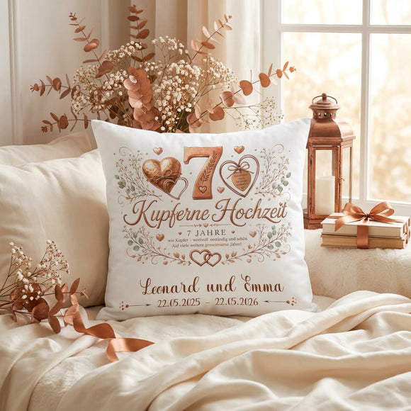 Geschenk zum 7. Hochzeitstag mit kupferfarbenem Design und Namen des Ehepaares