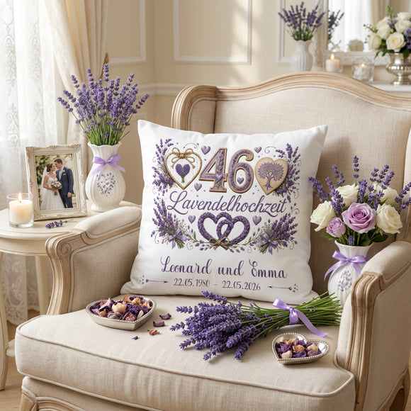 Personalisiertes Jubiläumskissen für 46 Jahre Ehe mit Lavendel und Herzen