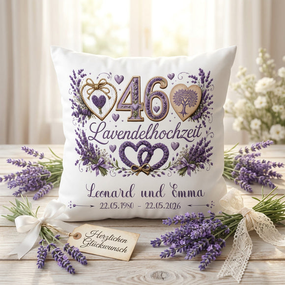 Geschenk Lavendelhochzeit – personalisiertes Kissen mit Namen und Datum zum 46. Hochzeitstag