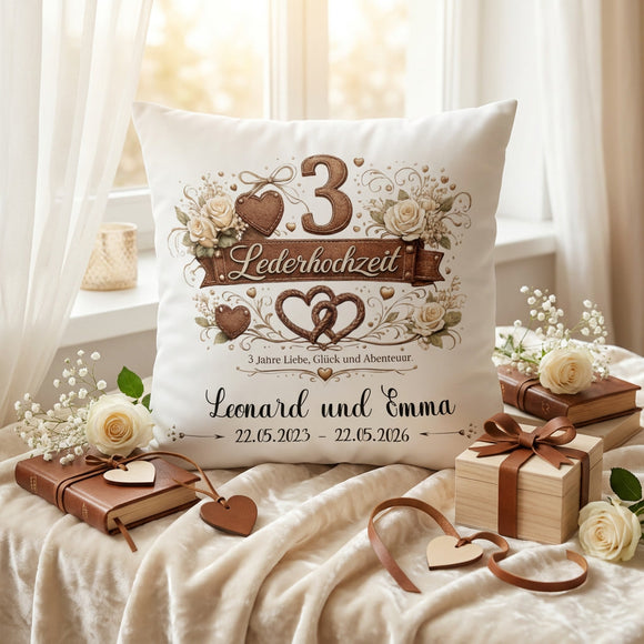 Geschenk zur Lederhochzeit mit Namen und Datum – individuelles Kissen für drei gemeinsame Ehejahre