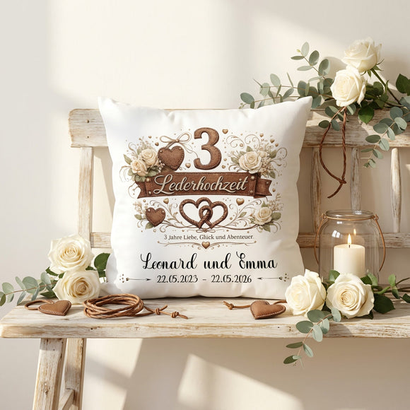 Lederhochzeit Geschenk für Ehepartner – hochwertiges Kissen mit persönlicher Gestaltung und Hochzeitsdatum