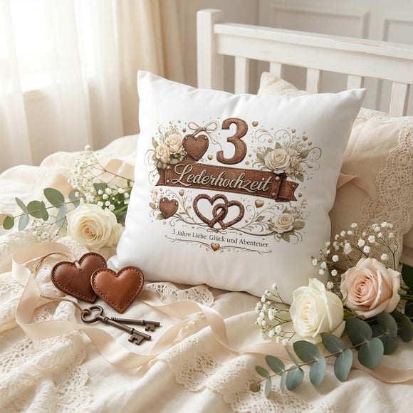 Weißes Satin-Kissen zur Lederhochzeit mit hochwertigem Druck und individueller Personalisierung