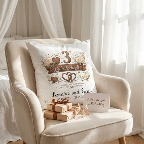 Geschenk zum 3. Hochzeitstag – Lederhochzeit Kissen mit Namen für Paare und Ehejubiläum
