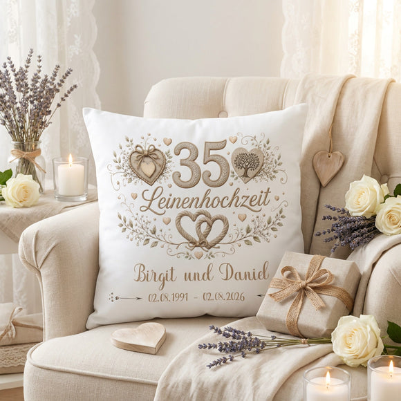 Geschenk zum 35. Hochzeitstag mit romantischem Leinenhochzeit-Design und Namen des Ehepaares
