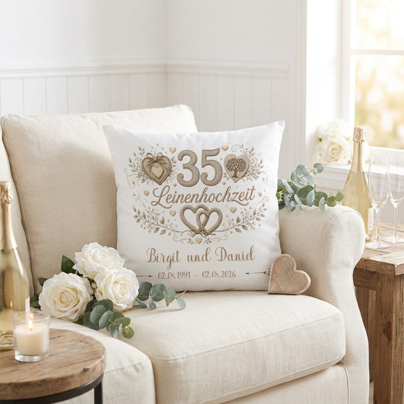 Hochwertiges Kissen zur Leinenhochzeit mit Namen, Datum und naturinspiriertem Design