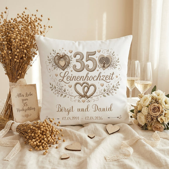 Personalisiertes Jubiläumskissen für 35 Jahre Ehe mit eleganten Leinentönen und Herzen