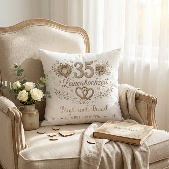 Geschenk 35. Hochzeitstag – personalisiertes Kissen zur Leinenhochzeit mit Namen und Datum