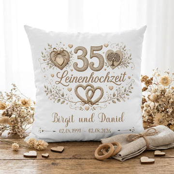 Geschenk Leinenhochzeit – personalisiertes Kissen mit Namen und Datum zum 35. Hochzeitstag