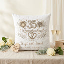 Personalisiertes Kissen zur Leinenhochzeit mit natürlichem Leinen-Design, Herzen und Lebensbaum