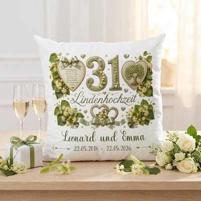 Geschenk Lindenhochzeit – personalisiertes Kissen mit Namen und Datum zum 31. Hochzeitstag