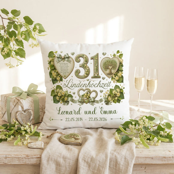 Geschenk 31. Hochzeitstag – personalisiertes Kissen zur Lindenhochzeit mit Namen und Datum