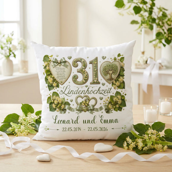 Geschenk Lindenhochzeit – personalisiertes Kissen mit Namen und Datum