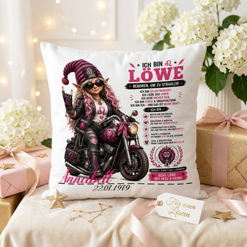 Geschenk Sternzeichen Löwe Frau – personalisiertes Kissen mit Bikerin, Motorrad, Name und Geburtsdatum
