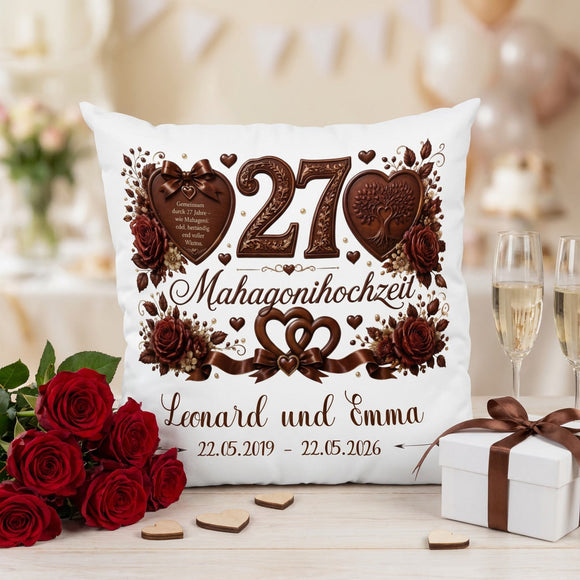 Personalisiertes Kissen zur Mahagonihochzeit mit Rosen, Herzen und Lebensbaum