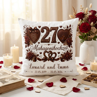 Geschenk Mahagonihochzeit – personalisiertes Kissen mit Namen und Datum zum 27. Hochzeitstag