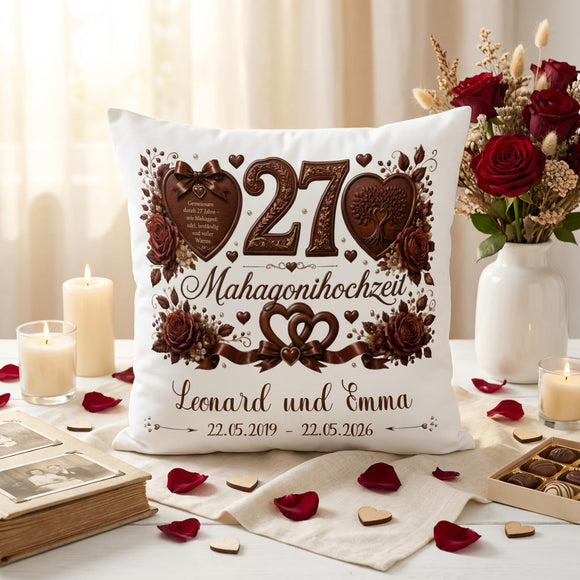 Geschenk Mahagonihochzeit – personalisiertes Kissen mit Namen und Datum zum 27. Hochzeitstag