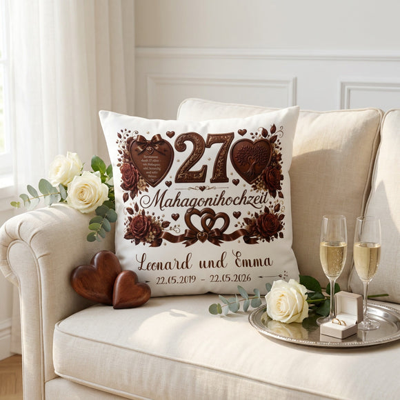 Personalisiertes Jubiläumskissen für 27 Jahre Ehe im eleganten Mahagoni-Stil