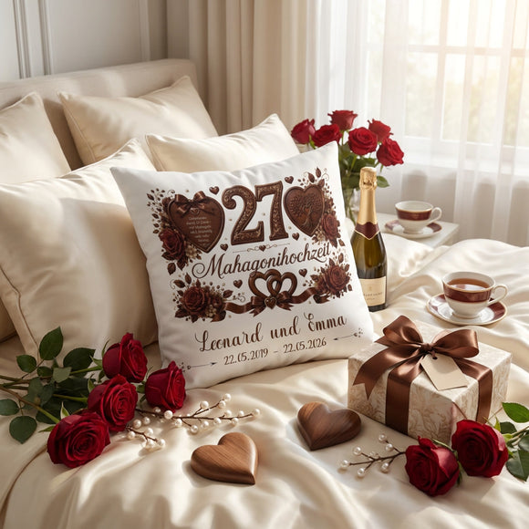 Geschenk 27. Hochzeitstag – personalisiertes Kissen zur Mahagonihochzeit mit Namen und Datum