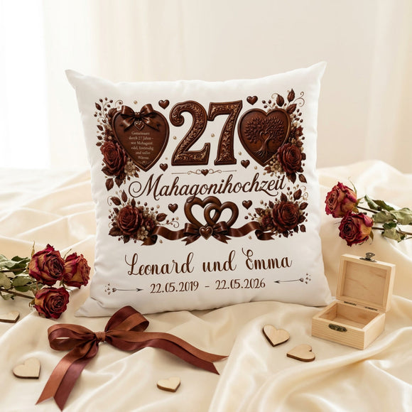 Geschenk Mahagonihochzeit – personalisiertes Kissen mit Namen und Datum
