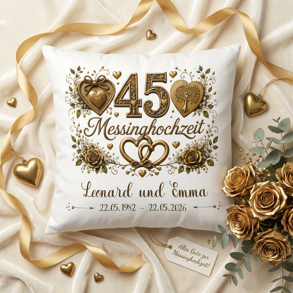 Geschenk 45. Hochzeitstag – personalisiertes Kissen zur Messinghochzeit mit Namen und Datum