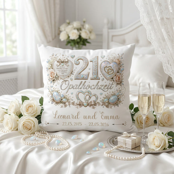 Personalisiertes Jubiläumskissen für 21 Jahre Ehe im eleganten Opalstil