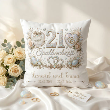 Geschenk Opalhochzeit – personalisiertes Kissen mit Namen und Datum zum 21. Hochzeitstag