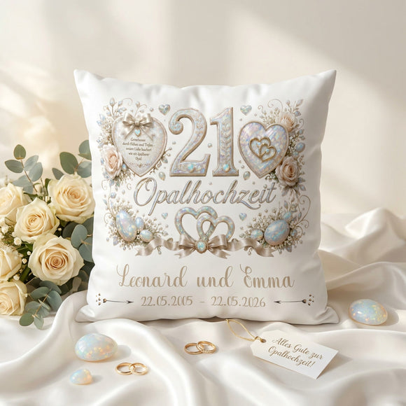 Geschenk Opalhochzeit – personalisiertes Kissen mit Namen und Datum zum 21. Hochzeitstag