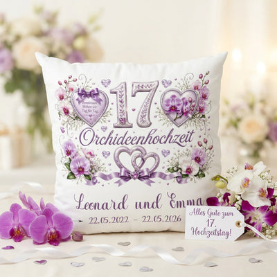 Geschenk Orchideenhochzeit – personalisiertes Kissen mit Namen und Datum zum 17. Hochzeitstag