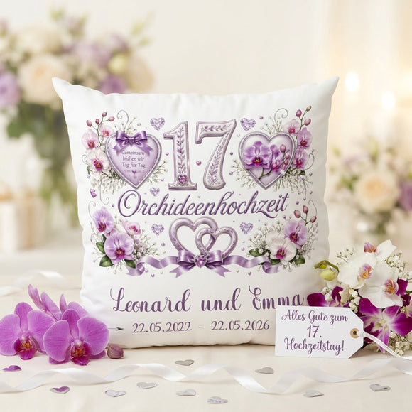 Geschenk Orchideenhochzeit – personalisiertes Kissen mit Namen und Datum zum 17. Hochzeitstag