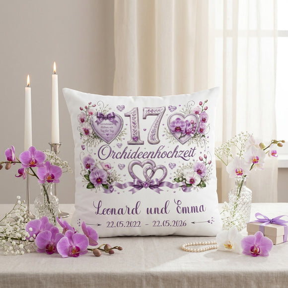 Hochwertiges Kissen zur Orchideenhochzeit mit Namen, Datum und wunderschönen Orchideenblüten