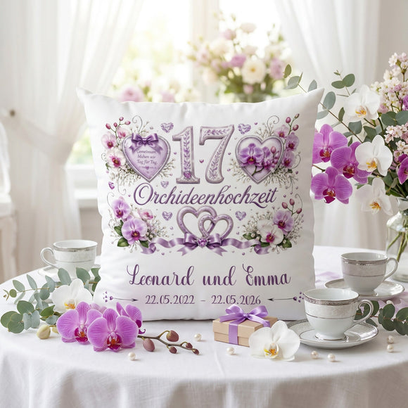 Personalisiertes Kissen zur Orchideenhochzeit mit Orchideenblüten und individueller Gestaltung
