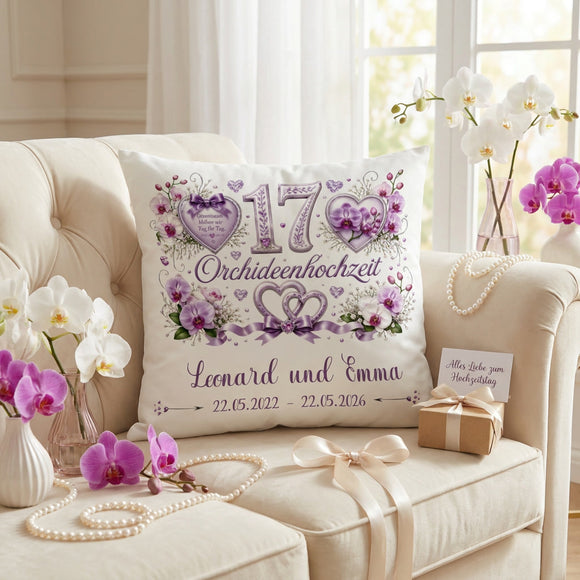 Personalisiertes Jubiläumskissen für 17 Jahre Ehe im eleganten Orchideen-Design